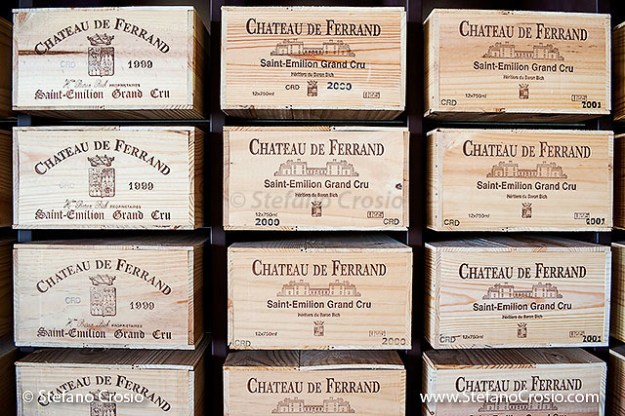 The wine case storage area at Chateau de Ferrand (Grand Cru Classé)